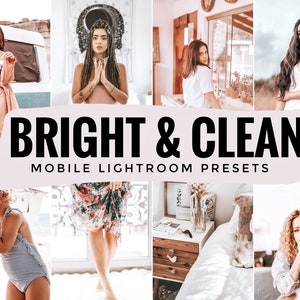 Pode incluir: Uma colagem de imagens que mostram uma coleção de presets móveis do Lightroom chamados "BRIGHT & CLEAN". As imagens apresentam várias pessoas e cenas com uma estética brilhante e arejada.