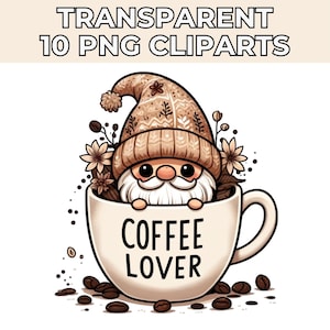 Adorable Watercolor Coffee Lover Gnomes Clipart, Coffee Gnomes PNG for Sublimation, Cute Coffee Beans Gnome Digital Download, Coffee Lover