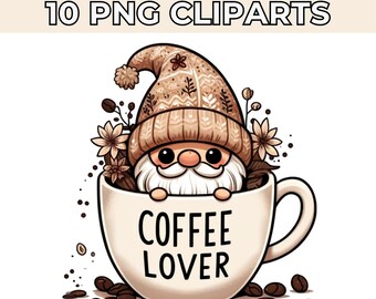 May include: A cartoon gnome wearing a brown and white knit hat sits in a white coffee mug with the words "Coffee Lover" on it. The gnome is surrounded by brown coffee beans and small white flowers.