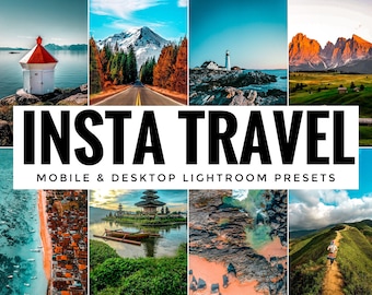 May include: A collage of travel photos with the text "Insta Travel" and "Mobile & Desktop Lightroom Presets". The photos include a lighthouse, a mountain road, a temple, a beach, and a hiking trail.