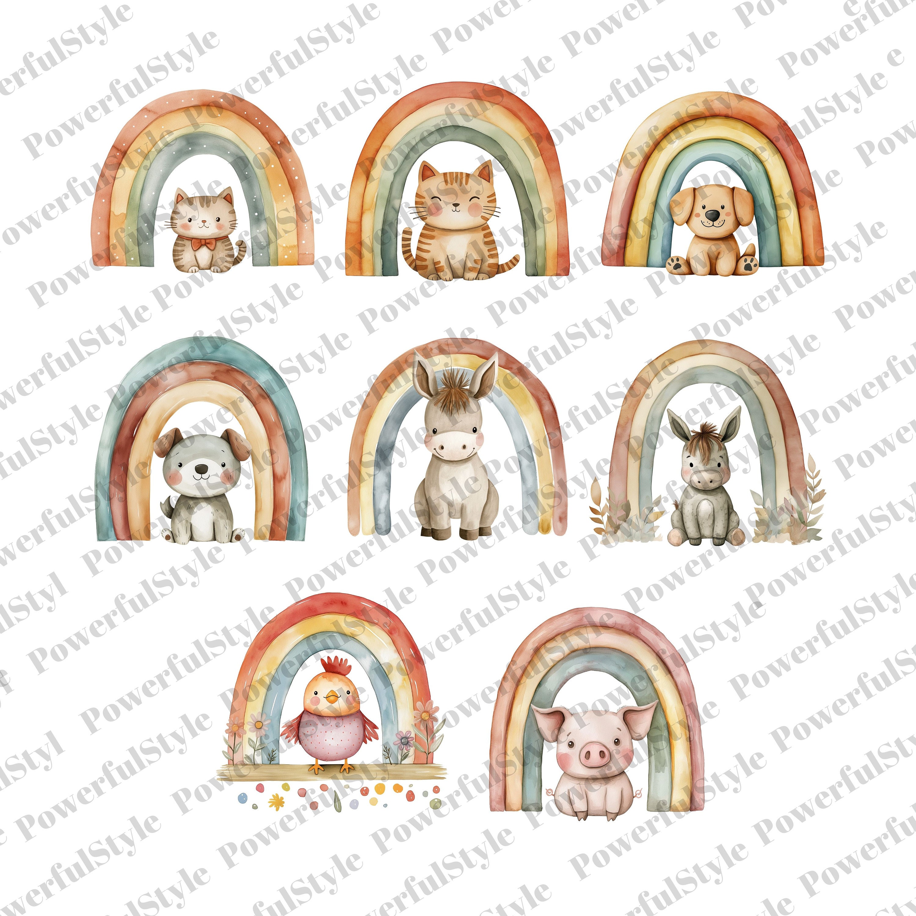 24 Rainbow Watercolor Cute Animals Clipart Cute Animal PNG Watercolor ...