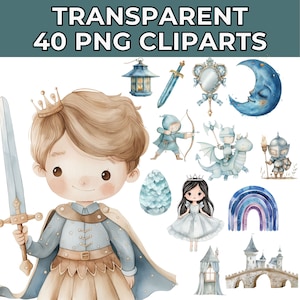 40+ schattige middeleeuwse clipartbundel - aquarelmiddeleeuwen met ridders, kastelen, prinsessen, draken voor kinderen en fantasieontwerpen, blauw