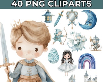 40+ Cute Medieval Clipart Bundle - Watercolor Middle Ages with Knights, Castles, Princesses, Dragons for Kids and Fantasy Designs, Blue
