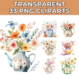 Vintage Floral Teapot Set Clipart Bundle | 33 High-Quality Printable Watercolor PNGs | Perfect for Paper Crafts & Junk Journals