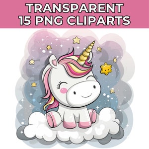 Adorable Baby Unicorn Watercolor Clipart, Cute Unicorn PNG, Rainbow Unicorn Clip Art for Nursery Decor, Commercial Use Unicorn Art Set