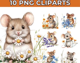 Mouse in Flowers Clipart: Watercolor PNG Images (Digital Download)