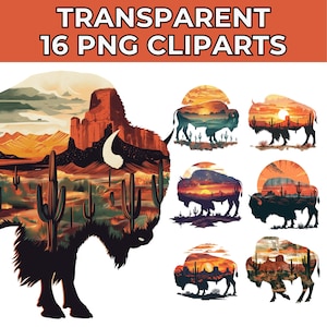 Bison Buffalo Double Exposure Desert American Clipart Bundle, 16 PNG di alta qualità, perfetti per arte artigianale, creazione di cartoline, creazioni di carta digitale