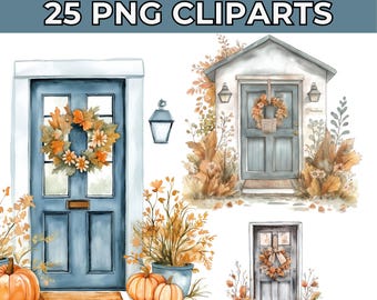 25 Watercolor Fall Front Door Clipart Collection Autumn and Fall Illustrations Thanksgiving Welcome Clip Art Seasonal Warmth