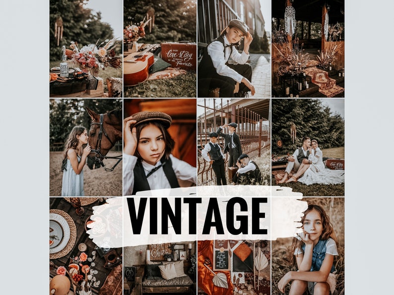 May include: A collage of vintage-inspired photos featuring a variety of subjects, including a horse, a couple, a girl, and a group of boys. The photos are all in a warm, nostalgic color palette and have a vintage feel. The word "Vintage" is written in bold, black letters across the center of the collage.
