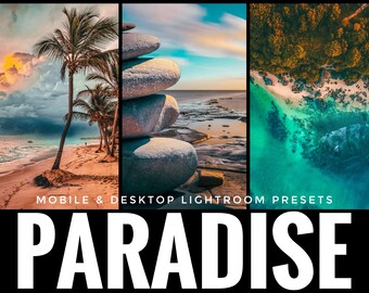 May include: A set of Lightroom presets for mobile and desktop, called "Paradise". The presets are designed to enhance photos with a tropical theme, featuring images of a palm tree on a beach, a stack of rocks on a rocky shore, and an aerial view of a turquoise ocean.