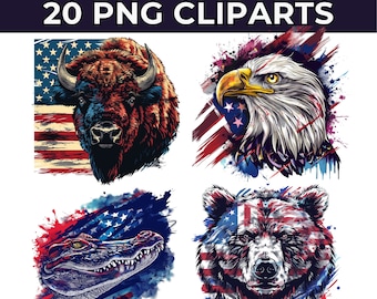 4. Juli Tiere Clipart Bundle, Aquarell Vaterländische Tiere, Gedenktag und veteranischer Tag PNG, 4. Juli Amerikanische Tierdesigns