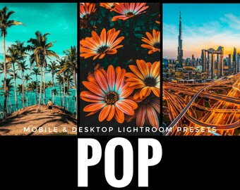 May include: A set of mobile and desktop Lightroom presets called "POP" with three example images: a tropical beach scene, a close-up of orange flowers, and a cityscape at night.