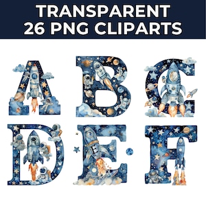 Paquete de imágenes prediseñadas A-Z del alfabeto espacial de acuarela / Letras espaciales, astronautas y cohetes / Paquete de alfabeto de cohetes / Descarga instantánea PNG