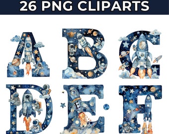 Watercolor Space Alphabet A-Z Clipart Bundle | Space, Astronaut, and Rocket Letters | Rocket Alphabet Bundle | Instant Download PNG
