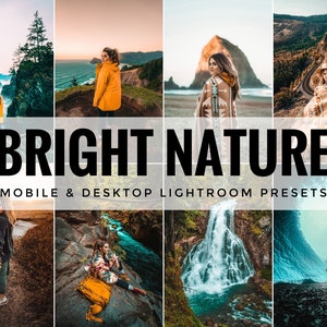 May include: A collage of images showcasing the "BRIGHT NATURE" mobile and desktop Lightroom presets. The images feature various landscapes, including a waterfall, a beach, a forest, and a mountain range. The presets are designed to enhance the colors and vibrancy of nature photography.