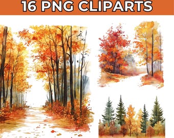 Autumn Forest Watercolor Clipart: Landscape PNG Bundle