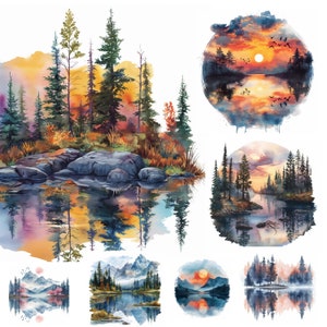 Lake Landscape Clipart - Lake Sunrise Printable Watercolor Clipart - High Quality PNG Digital Downloads for Paper Craft and High-Resolution