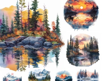 Lake Landscape Clipart - Lake Sunrise Clipart de acuarela imprimible - Descargas digitales PNG de alta calidad para artesanía en papel y alta resolución