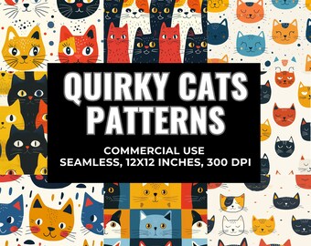 Quirky Cats Patterns PNG Clipart Bundle Whimsical Safari animals cat Sublimation clip art Whimsy Birthday graphics Silly illustration Wall