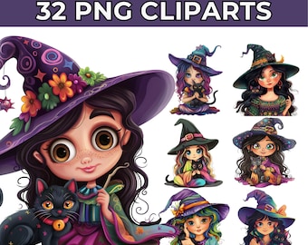 Watercolor Witch Clipart Bundle, 32 Witch PNG Files, Witch Clipart Set, Witch Illustrations, Instant Digital Download, Commercial Use, Art