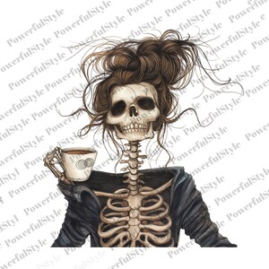 May include: A skeleton with brown hair in a messy bun, wearing a blue denim jacket, holding a white coffee mug with a swirl design.