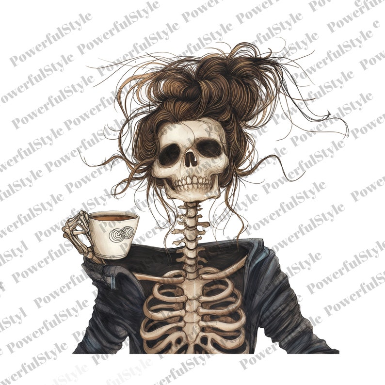 May include: A skeleton with brown hair in a messy bun, wearing a blue denim jacket, holding a white coffee mug with a swirl design.