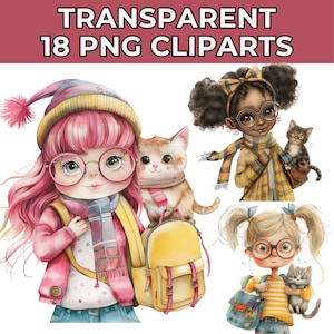 18 Watercolor Cat Lover Clipart Bundle, Girl with Cat Clipart, Pet PNG for Digital Stickers, Junk Journal, Scrapbooking, and Commercial Use