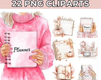 Watercolor Autumn Planner Clipart: Boho Fall Girl PNG Bundle (Digital)