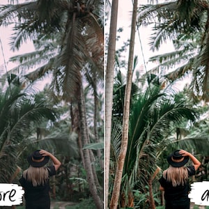 May include: A woman wearing a black hat and black shirt stands in a tropical forest with tall palm trees. The image is split into two sections, with the left side showing the original image and the right side showing the image after editing.
