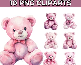 Pink Teddy Bear Watercolor Clipart: PNG Images (Digital Download)