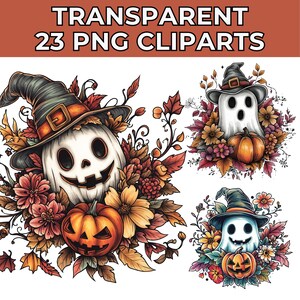 23 Watercolor Cute Ghost Clipart, PNG Halloween Clipart Bundle, Cute Ghost PNG, Fall PNG, Pumpkins Autumn Sublimation Design, Trending Art