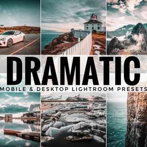 May include: A collage of six images showcasing dramatic landscape photography presets for mobile and desktop Lightroom. The images feature a white car, a lighthouse, a mountain range, a lake with a small boat, a glacier, and a cliff.