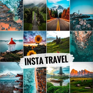 May include: A collage of nine travel photos with the text "Insta Travel" superimposed on the image. The photos feature a variety of destinations, including beaches, mountains, forests, and cities.