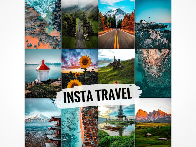 May include: A collage of nine travel photos with the text "Insta Travel" superimposed on the image. The photos feature a variety of destinations, including beaches, mountains, forests, and cities.