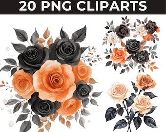 Black Rose Clipart: Gothic Watercolor Flower PNG Set (Digital Download)