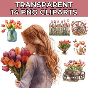 Watercolor Tulips Clipart: Spring Flower Illustrations, Red, Yellow, White Tulip Bouquets for Commercial Use, Instant Download