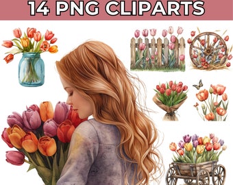Imágenes prediseñadas de tulipanes de acuarela: ilustraciones de flores de primavera, ramos de tulipanes rojos, amarillos y blancos para uso comercial, descarga instantánea