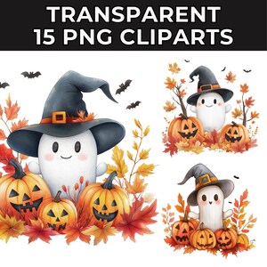 15 Watercolor Cute Ghost Clipart, PNG Halloween Clipart Bundle, Cute Ghost PNG, Fall PNG, Pumpkins Autumn Sublimation Design, Trending Art