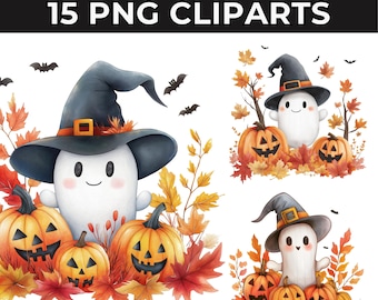 15 imágenes prediseñadas de fantasmas lindos en acuarela, paquete de imágenes prediseñadas de Halloween PNG, fantasmas lindos PNG, otoño PNG, diseño de sublimación de calabazas otoñales, arte de tendencia