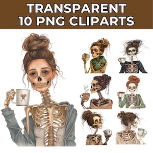 May include: Digital clipart set of ten images featuring skeletons with human features holding coffee mugs. The skeletons are dressed in various clothing, including a sweater, a scarf, and a dress. The images are in a cartoon style and have a whimsical feel.