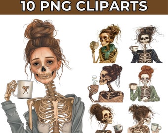 Halloween Skeleton Clipart, Fall Skeleton Woman With Coffee, Sublimation Design, Instant Download, Perfect for Fall Crafts and Merchandise