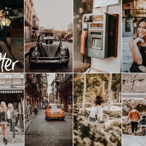 May include: A collage of nine images featuring various scenes, including a vintage car, a payphone, a woman in a black shirt, a group of women standing in front of a building, a woman walking in a forest, and two people walking on a path.