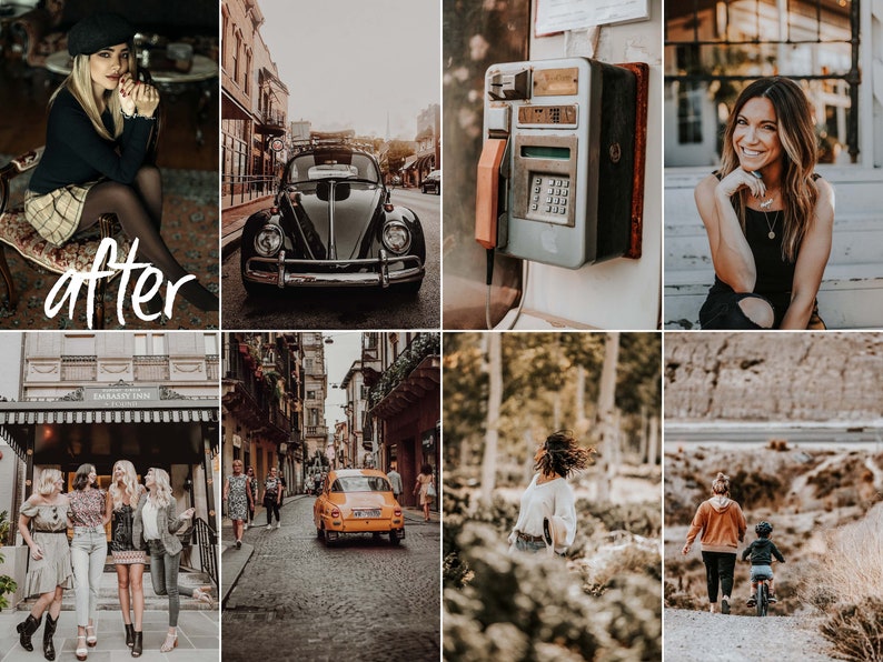 May include: A collage of nine images featuring various scenes, including a vintage car, a payphone, a woman in a black shirt, a group of women standing in front of a building, a woman walking in a forest, and two people walking on a path.