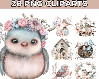 May include: A set of 28 digital clipart images featuring cute blue birds with floral wreaths, birdhouses, nests, and cages. The images are in a watercolor style and have a whimsical, vintage aesthetic.