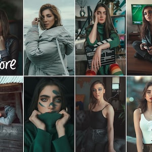 May include: A collage of images featuring women wearing different styles of clothing. The images are arranged in a grid pattern. The top left image shows a woman wearing a gray jacket. The top right image shows a woman wearing a green sweater and holding a clapperboard. The bottom left image shows a woman wearing a green turtleneck sweater. The bottom right image shows a woman wearing a white tank top and a brown skirt.