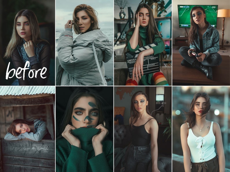 May include: A collage of images featuring women wearing different styles of clothing. The images are arranged in a grid pattern. The top left image shows a woman wearing a gray jacket. The top right image shows a woman wearing a green sweater and holding a clapperboard. The bottom left image shows a woman wearing a green turtleneck sweater. The bottom right image shows a woman wearing a white tank top and a brown skirt.