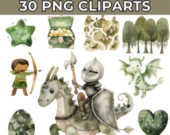 Puede incluir: Un conjunto de 30 ilustraciones de acuarela que representan un caballero montando un dragón, un cofre del tesoro, un bosque, un huevo de dragón, un corazón con estrellas, un mapa, una estrella y un niño con arco y flecha. Las ilustraciones son perfectas para crear diseños caprichosos para libros infantiles, tarjetas de felicitación o scrapbooking.