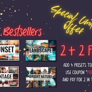 May include: A graphic promoting a limited time offer for Lightroom presets. The graphic features four different preset collections: Sunset, Landscape, Vintage, and Bright Nature. The offer is "2+2 FREE" and instructs customers to add four presets to their cart, use the coupon code "PRESET", and pay for only two.