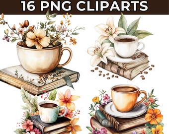 16 Coffee And Book Clipart, Coffee Clipart, Printable Watercolor clipart, High Quality PNGs, Digital download, Paper craft, junk journals