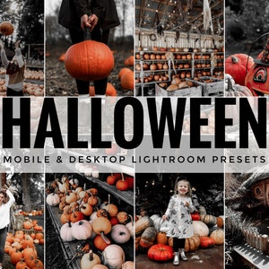 May include: A collage of images featuring pumpkins, fall foliage, and a Halloween-themed house. The text "HALLOWEEN" is displayed in large, bold letters, along with the phrase "MOBILE & DESKTOP LIGHTROOM PRESETS".